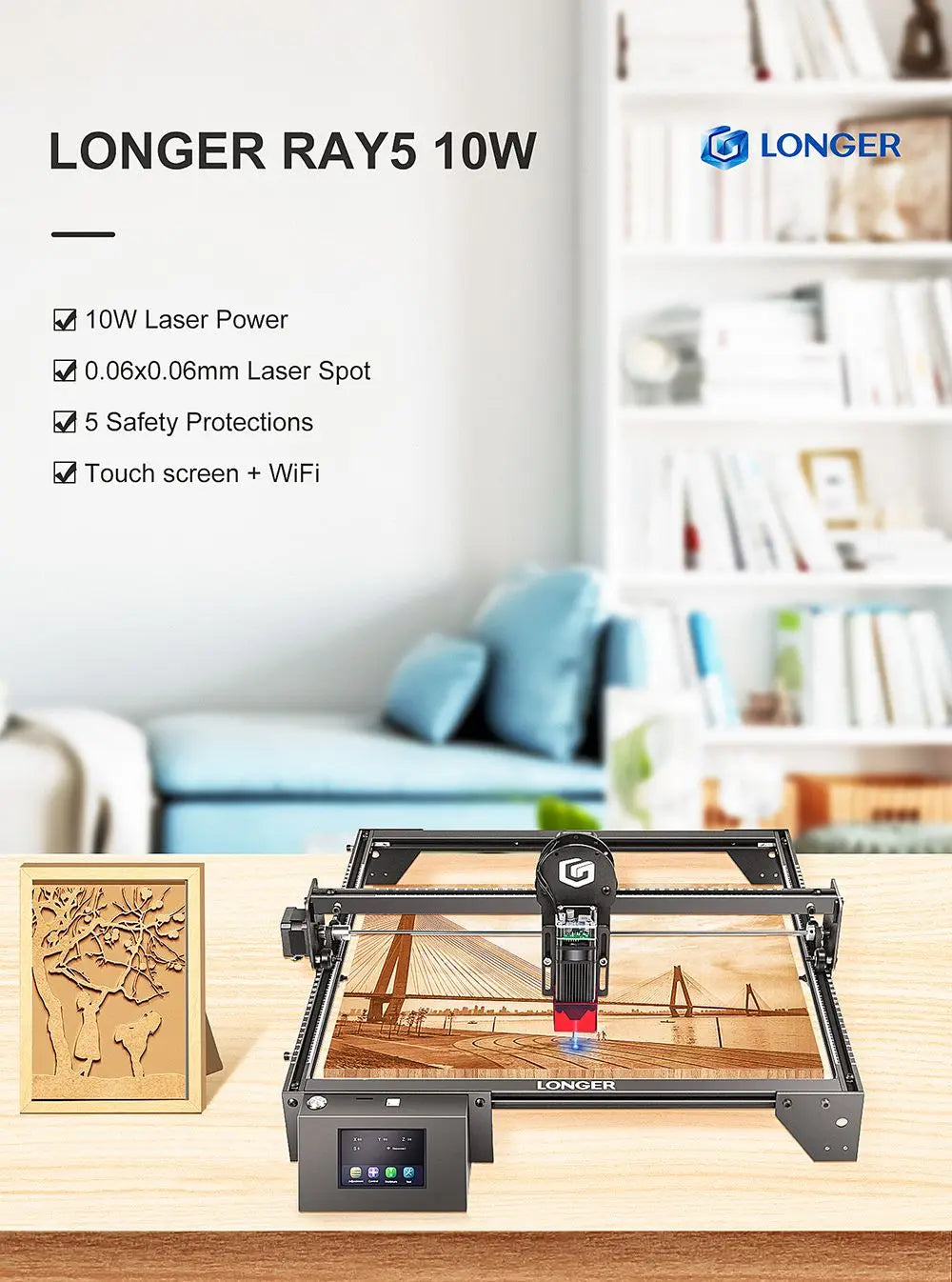 LONGER RAY5 10W Laser Engraver, 0.06x0.06mm Laser Spot, Touch Screen, Offline Carving, 32-Bit Chipset, Working Area 400x400mm