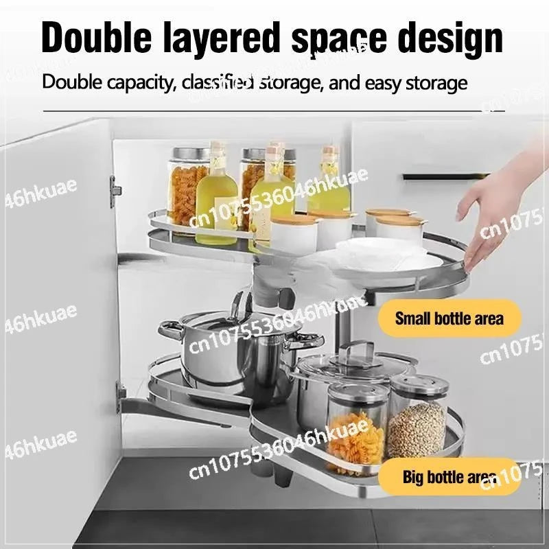 Cabinet Corner Basket Drawer Stainless Steel Double-Layer Whirl Pull-out Storage Organize Kitchen Rs Removable,Height Adjustable