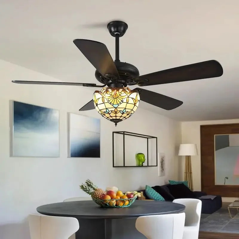 42 52 Inches Tiffany Style Ceiling Fan With Light Wood Blades Remote Control Led 3 Color 24W Industrial Fans Lamp With Lights