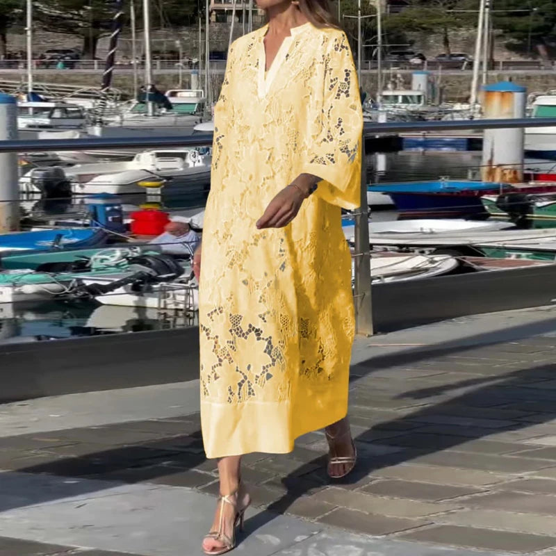 Spring Sexy V Nec Lace Embroidered Hollow Dress 2 Piece set Vintage Solid Color Casual Loose Holiday Pullover Women Long Dresses