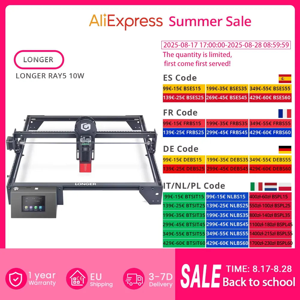 LONGER RAY5 10W Laser Engraver, 0.06x0.06mm Laser Spot, Touch Screen, Offline Carving, 32-Bit Chipset, Working Area 400x400mm