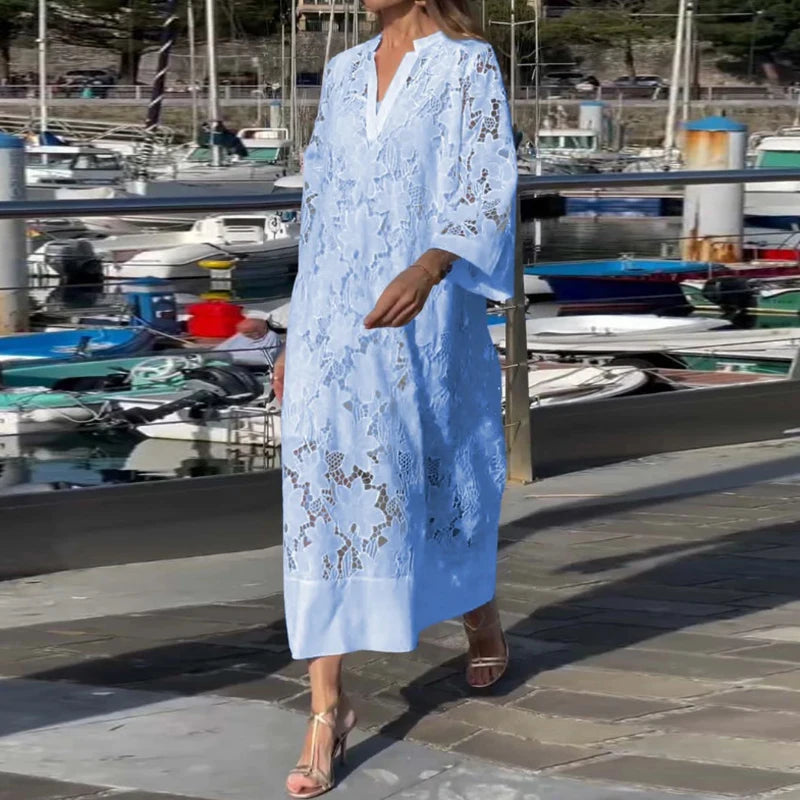 Spring Sexy V Nec Lace Embroidered Hollow Dress 2 Piece set Vintage Solid Color Casual Loose Holiday Pullover Women Long Dresses
