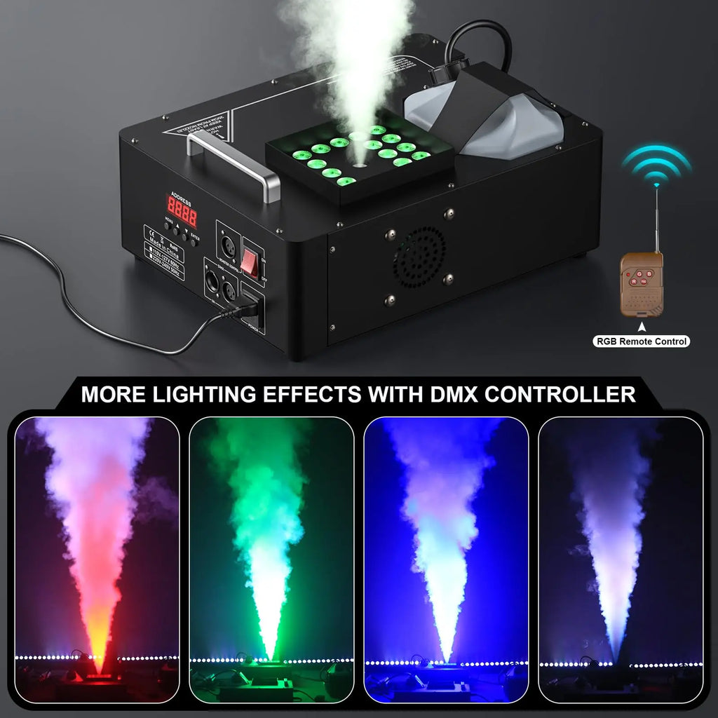 1500W Fog Machine with 24 RGB LED Effect Lights,Vertical Smoke Machine Wireless Remote & DMX Control for Wedding Christmas Party