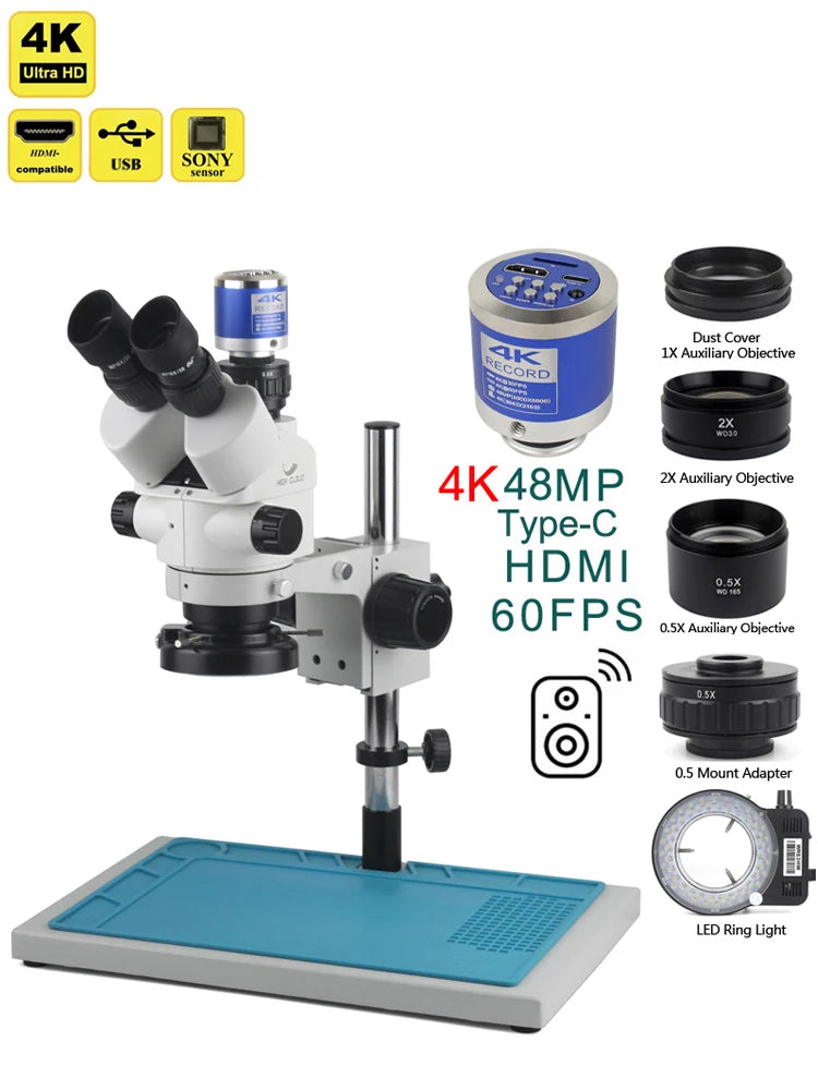3.5X-90X Simul-Focal Stereo Trinocular Microscope 4K 2K 48MP 1080P HDMI USB Digital Video Camera For PCB Phone Soldering Repair