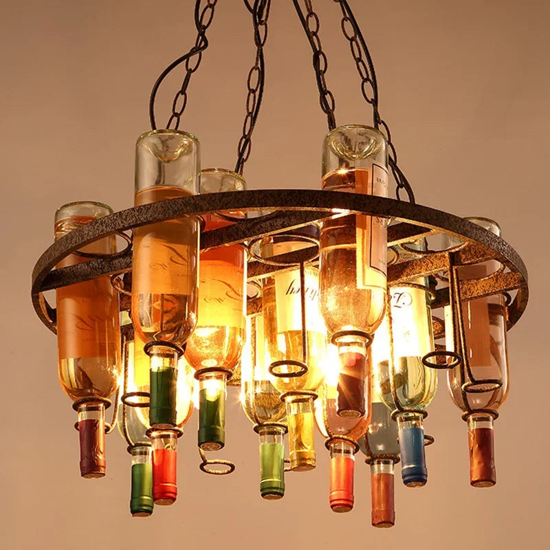American Retro Industrial Rust Metal Colored Wine Bottle Glass Chandelier Coffee Shop Bar Restaurant LED Decorative Pendant Lamp