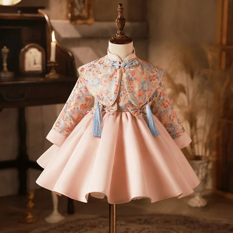 2024spring and autumn girls's new chinese style zhuzhou pink embroidery dress