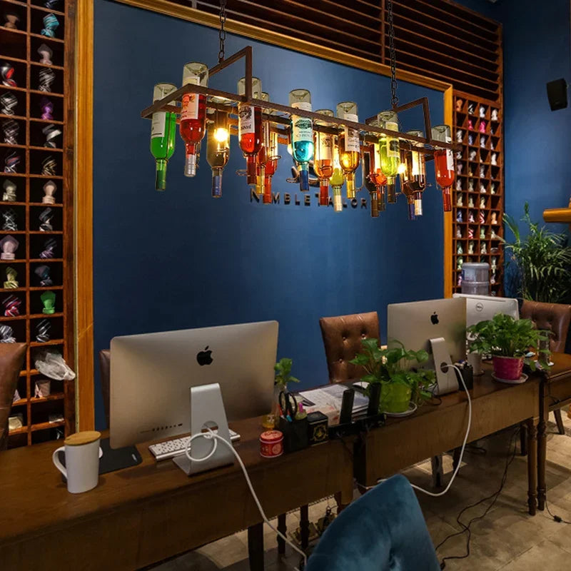 American Retro Industrial Rust Metal Colored Wine Bottle Glass Chandelier Coffee Shop Bar Restaurant LED Decorative Pendant Lamp