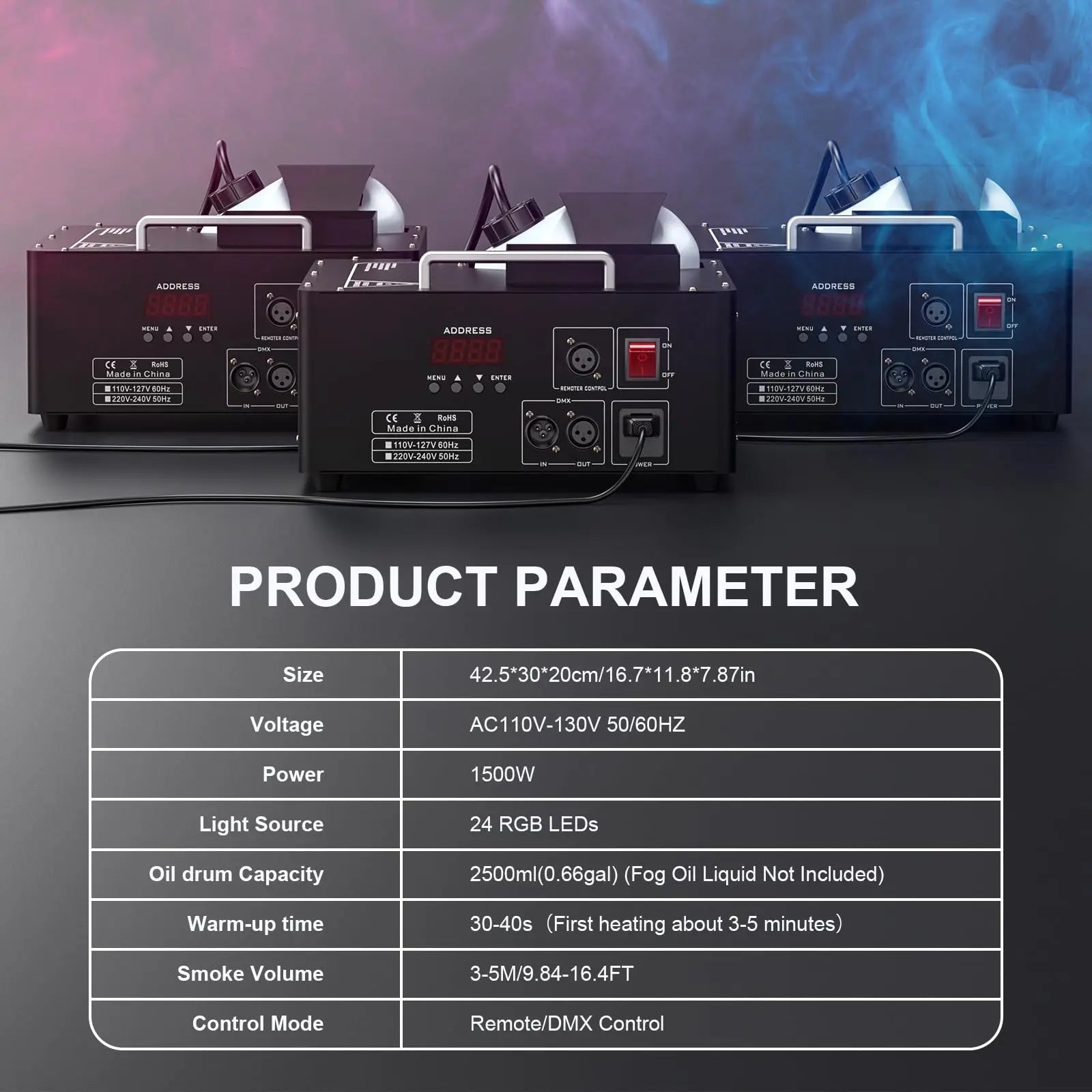 1500W Fog Machine with 24 RGB LED Effect Lights,Vertical Smoke Machine Wireless Remote & DMX Control for Wedding Christmas Party