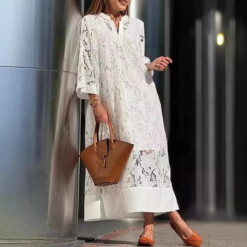 Spring Sexy V Nec Lace Embroidered Hollow Dress 2 Piece set Vintage Solid Color Casual Loose Holiday Pullover Women Long Dresses