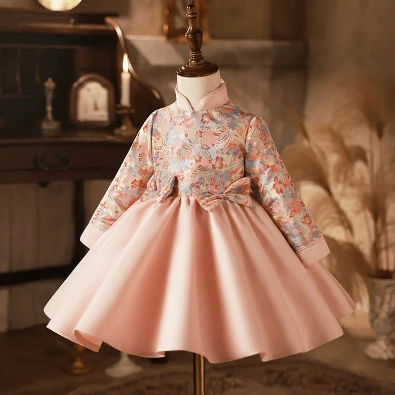 2024spring and autumn girls's new chinese style zhuzhou pink embroidery dress