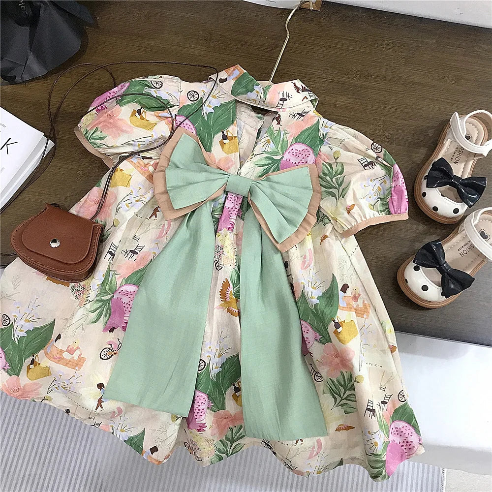 Korean Summer Toddler Girl Dress Cotton Turn Down Collar Ruched Baby Girl Dress Short Sleeve Fragmented Flower Infant Girl Dress