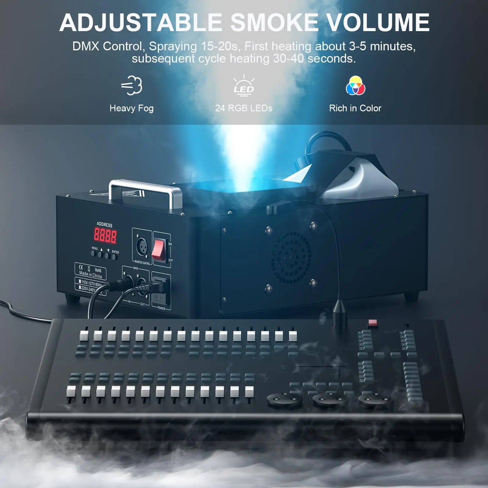 1500W Fog Machine with 24 RGB LED Effect Lights,Vertical Smoke Machine Wireless Remote & DMX Control for Wedding Christmas Party