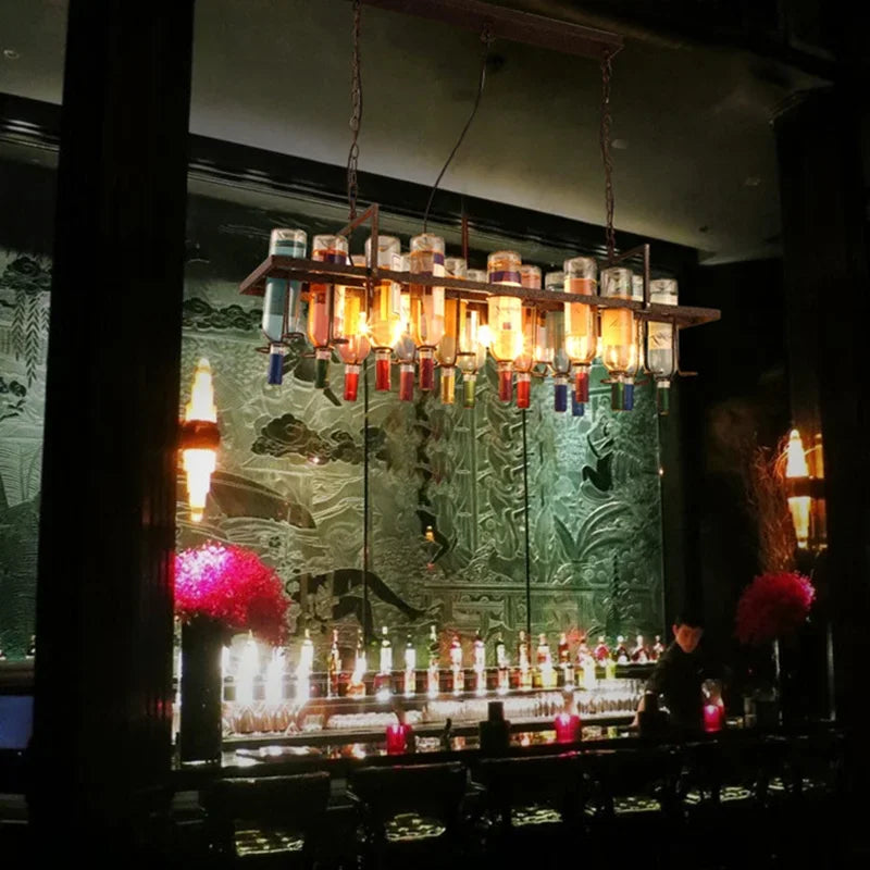 American Retro Industrial Rust Metal Colored Wine Bottle Glass Chandelier Coffee Shop Bar Restaurant LED Decorative Pendant Lamp