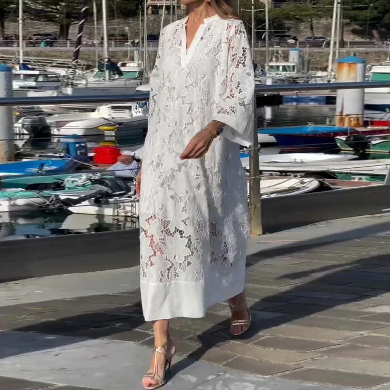 Spring Sexy V Nec Lace Embroidered Hollow Dress 2 Piece set Vintage Solid Color Casual Loose Holiday Pullover Women Long Dresses