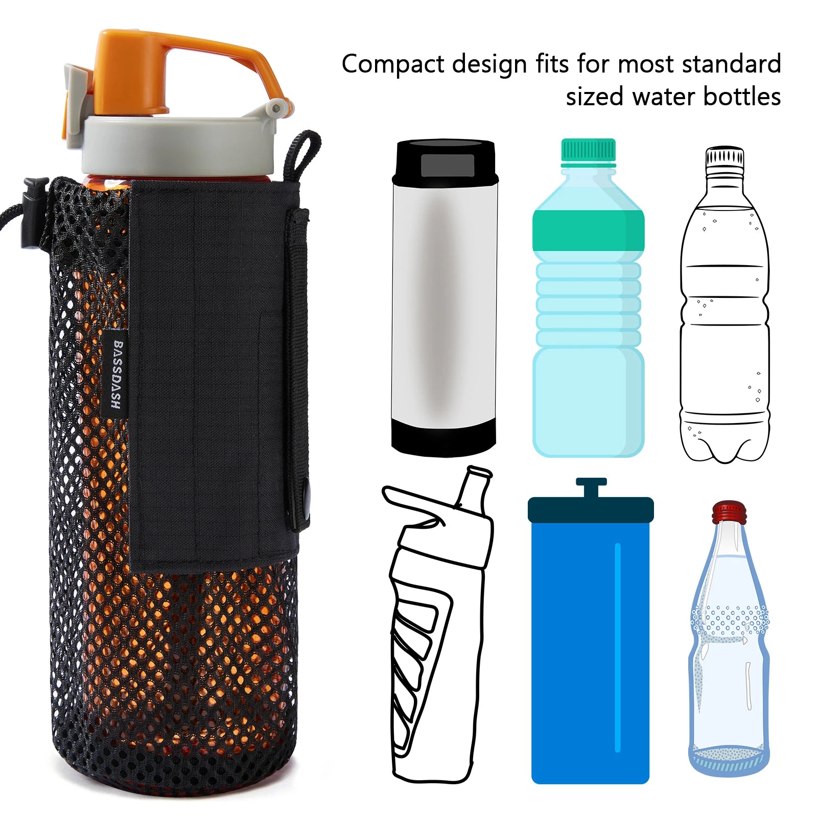 Bassdash Water Bottle Pouch with Molle Straps Belt Clip Carabiner Foldable Mesh Holder Bag for Travel Fishing Hunting Hiking