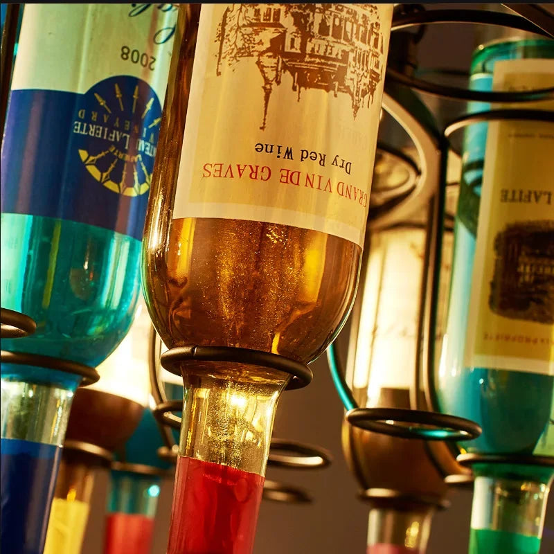 American Retro Industrial Rust Metal Colored Wine Bottle Glass Chandelier Coffee Shop Bar Restaurant LED Decorative Pendant Lamp