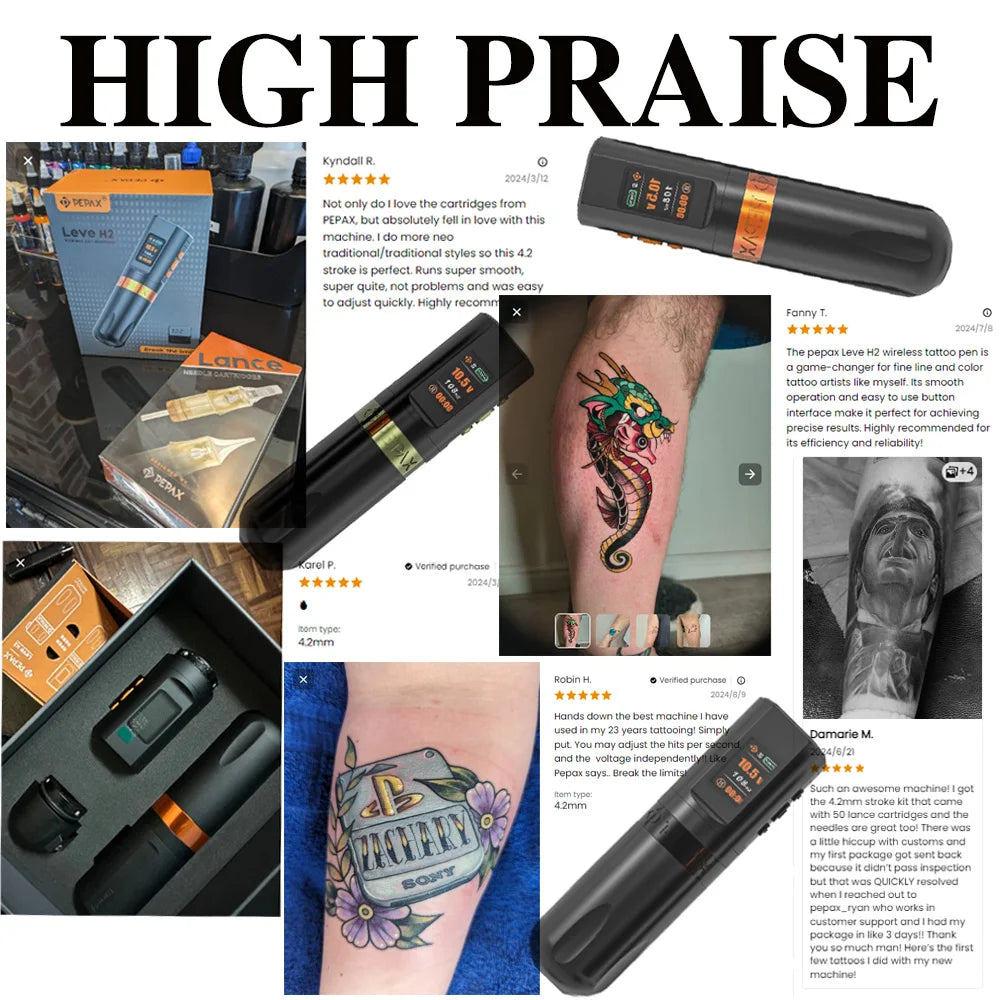 PEPAX Leve H2 Wirerless Tattoo Pen 3.5/4.2/5.0MM Stroke Pen with 2000mAh 2 Batteries Wireless Tattoo Machine Gun for Body Art