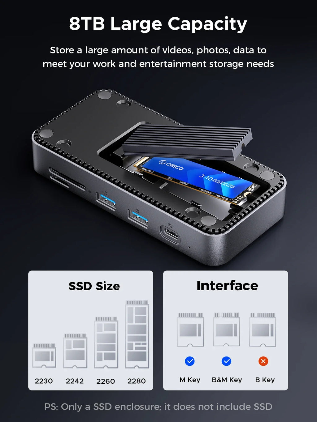 ORICO M.2 NVMe SSD Enclosure with 9-in-1 USB C HUB 10Gbps External RJ45 SD Docking Station with Cooling Fan for Laptop MacBook