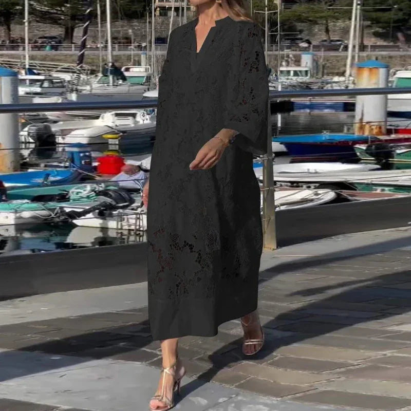 Spring Sexy V Nec Lace Embroidered Hollow Dress 2 Piece set Vintage Solid Color Casual Loose Holiday Pullover Women Long Dresses