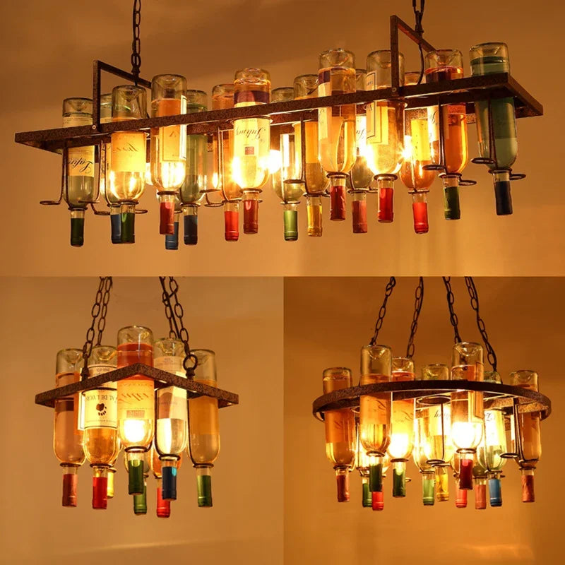 American Retro Industrial Rust Metal Colored Wine Bottle Glass Chandelier Coffee Shop Bar Restaurant LED Decorative Pendant Lamp