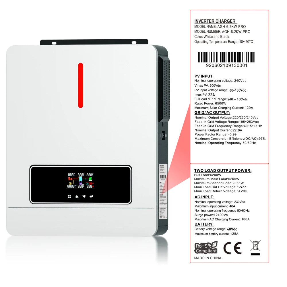 Daxtromn 3.6KW 6.2KW solar inverter 24VDC 48vDC hybrid mppt 6200W pure sine wave hybrid charge controller 120A off grid On Grid
