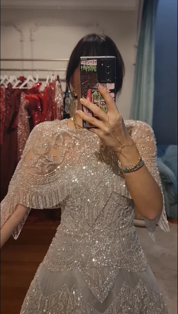 FATAPAESE Customized Evening Gown Sequins Embellished Removable Cape-neckline Beading Fully Beads Gems Short Sleeve Formal Dress