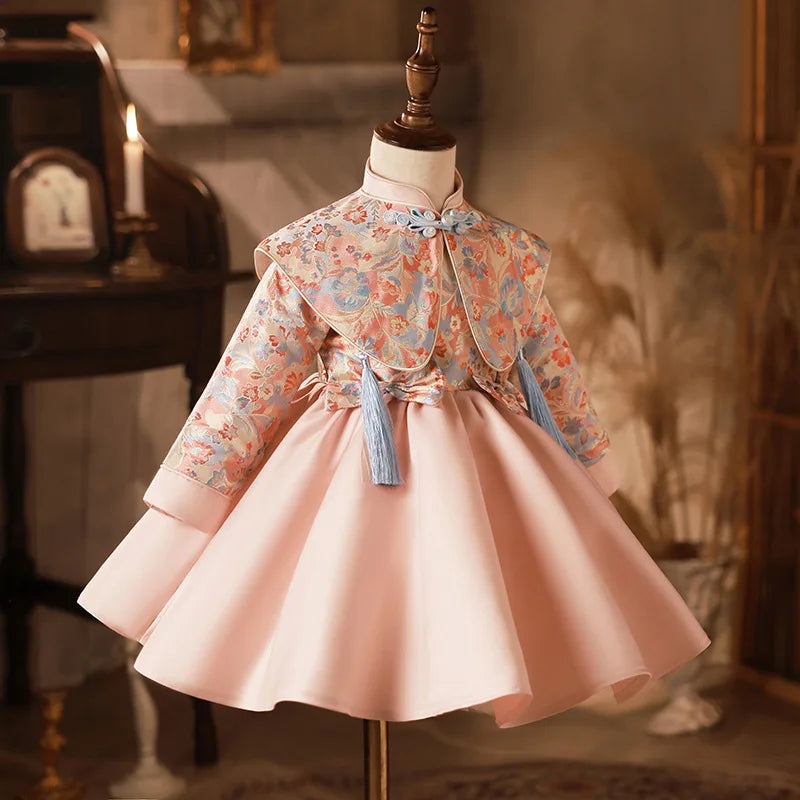 2024spring and autumn girls's new chinese style zhuzhou pink embroidery dress