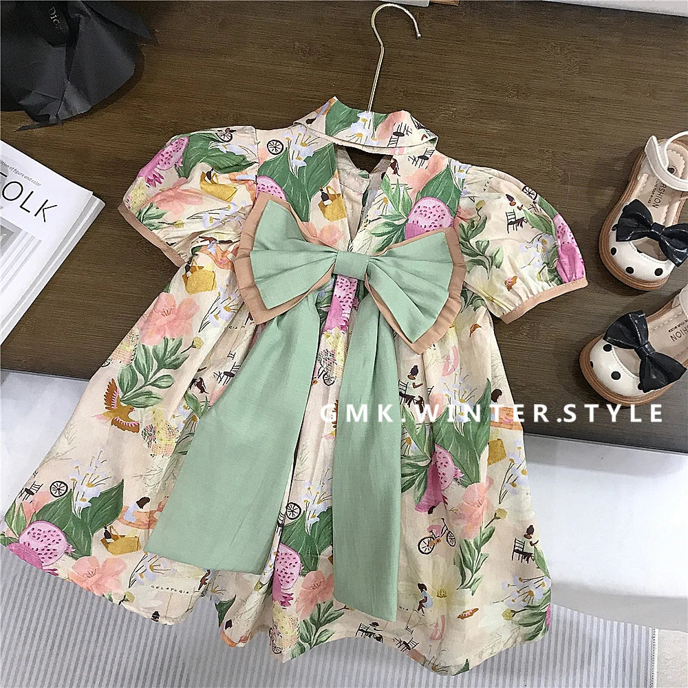Korean Summer Toddler Girl Dress Cotton Turn Down Collar Ruched Baby Girl Dress Short Sleeve Fragmented Flower Infant Girl Dress