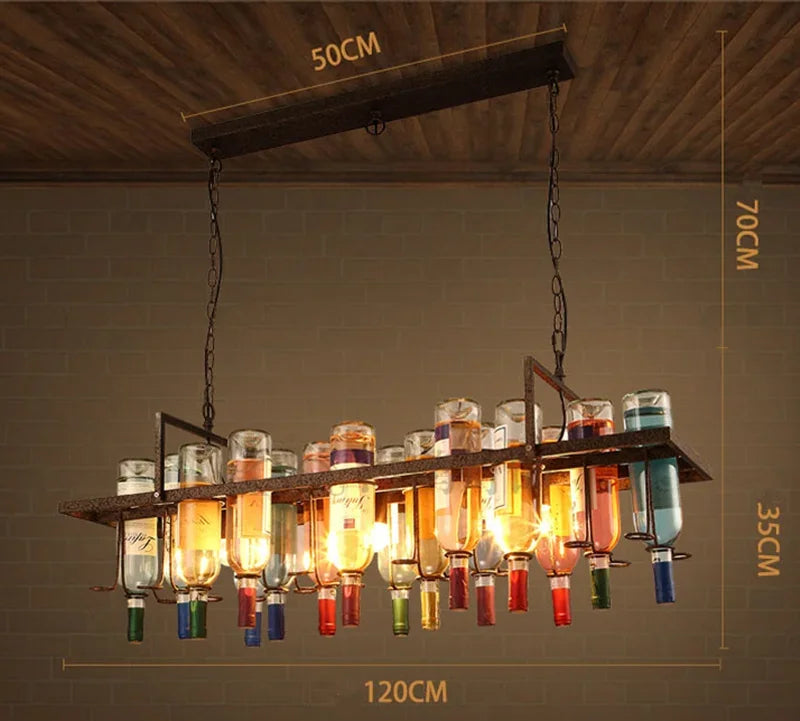American Retro Industrial Rust Metal Colored Wine Bottle Glass Chandelier Coffee Shop Bar Restaurant LED Decorative Pendant Lamp