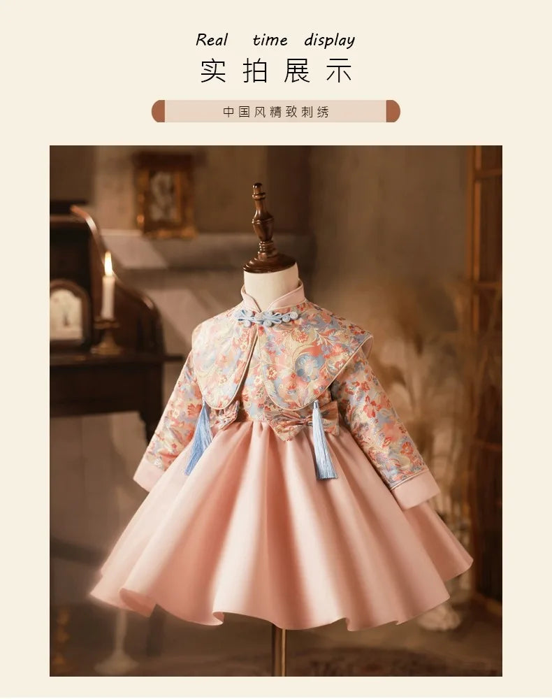2024spring and autumn girls's new chinese style zhuzhou pink embroidery dress
