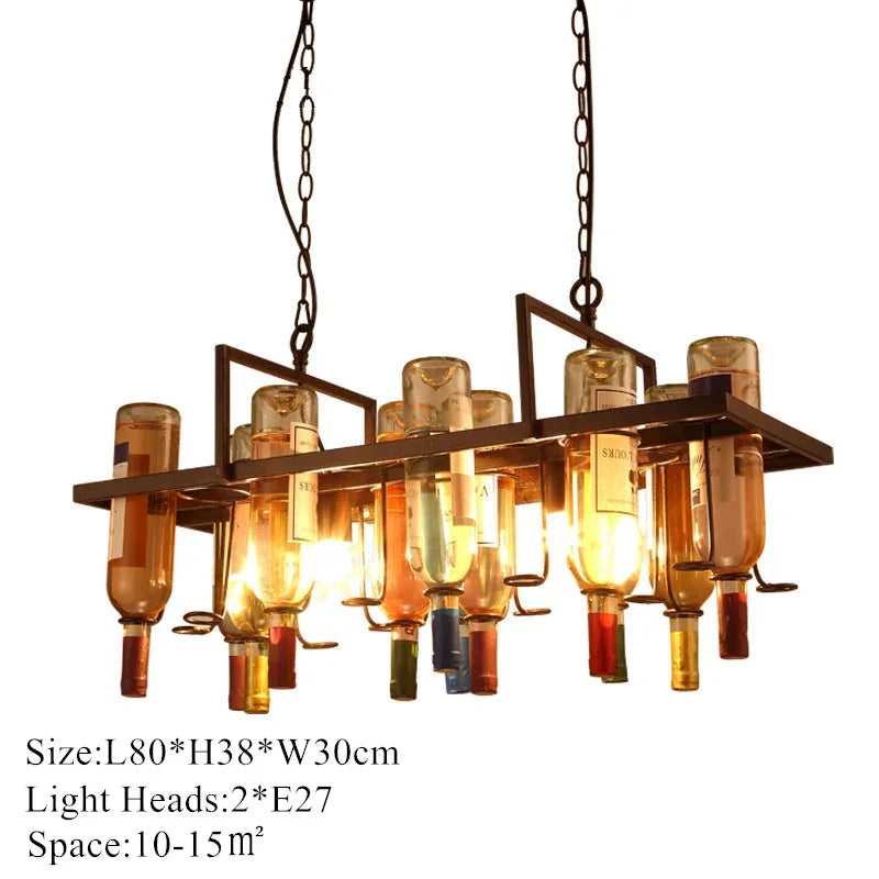 American Retro Industrial Rust Metal Colored Wine Bottle Glass Chandelier Coffee Shop Bar Restaurant LED Decorative Pendant Lamp