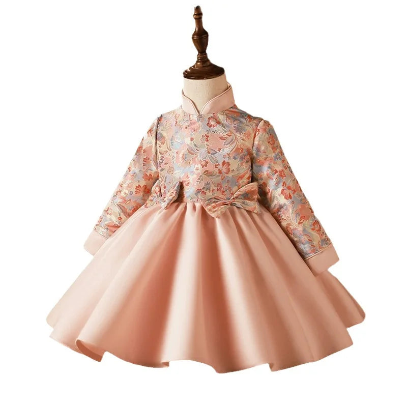 2024spring and autumn girls's new chinese style zhuzhou pink embroidery dress