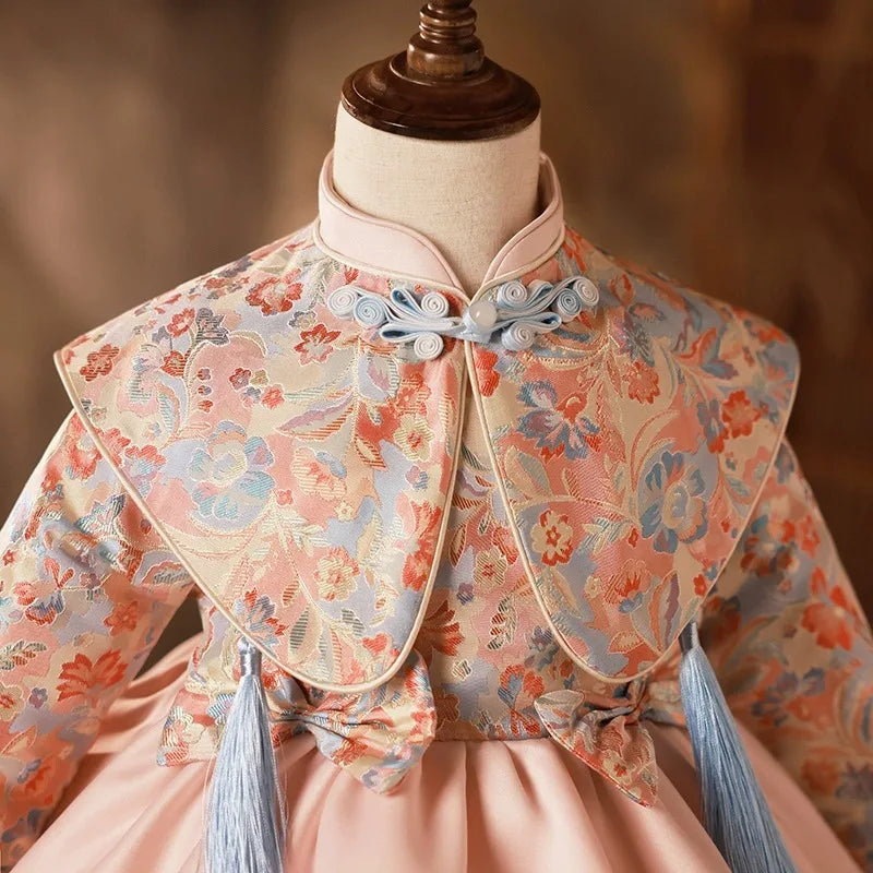 2024spring and autumn girls's new chinese style zhuzhou pink embroidery dress