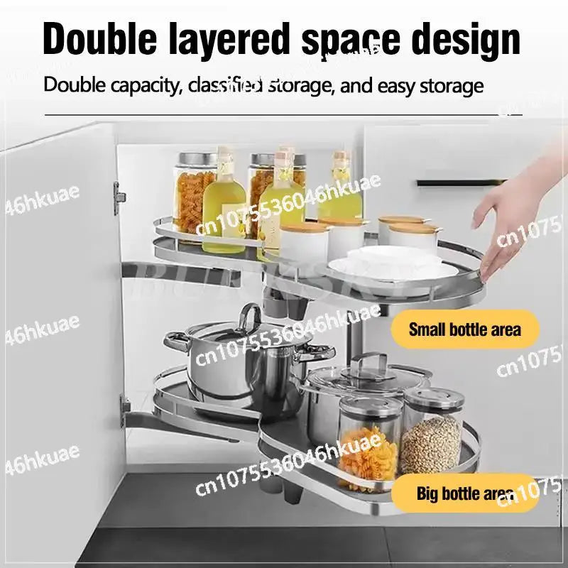 Cabinet Corner Basket Drawer Stainless Steel Double-Layer Whirl Pull-out Storage Organize Kitchen Rs Removable,Height Adjustable
