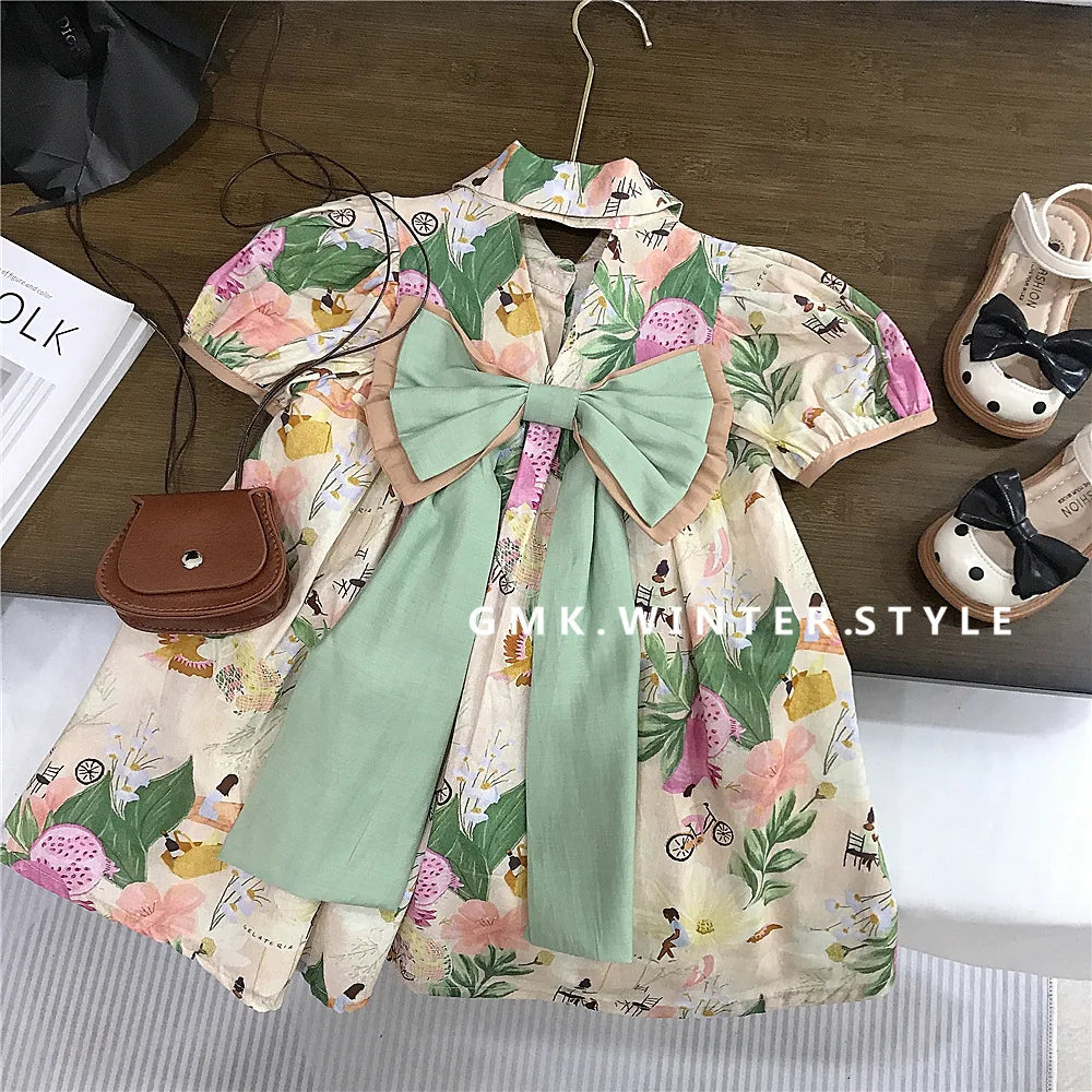 Korean Summer Toddler Girl Dress Cotton Turn Down Collar Ruched Baby Girl Dress Short Sleeve Fragmented Flower Infant Girl Dress