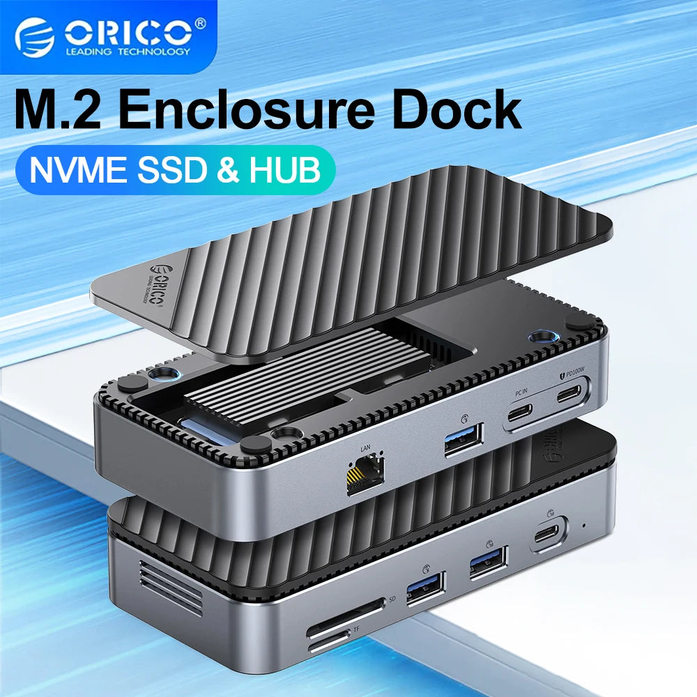 ORICO M.2 NVMe SSD Enclosure with 9-in-1 USB C HUB 10Gbps External RJ45 SD Docking Station with Cooling Fan for Laptop MacBook
