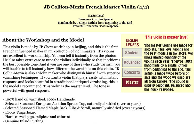 JB Collin-Mezin French Professional Violin 4/4 Size Hand Made Oil Antiqued Varnish Austrian Spruce Stradivarius