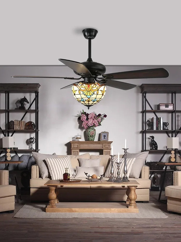 42 52 Inches Tiffany Style Ceiling Fan With Light Wood Blades Remote Control Led 3 Color 24W Industrial Fans Lamp With Lights