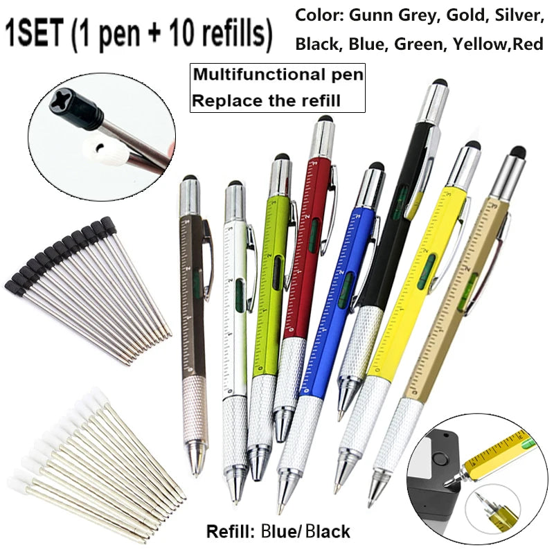 1set 7 in1 With Handheld Tool Multifunction Ballpoint Pen Measure Technical Ruler Screwdriver Touch Screen Stylus Spirit Level