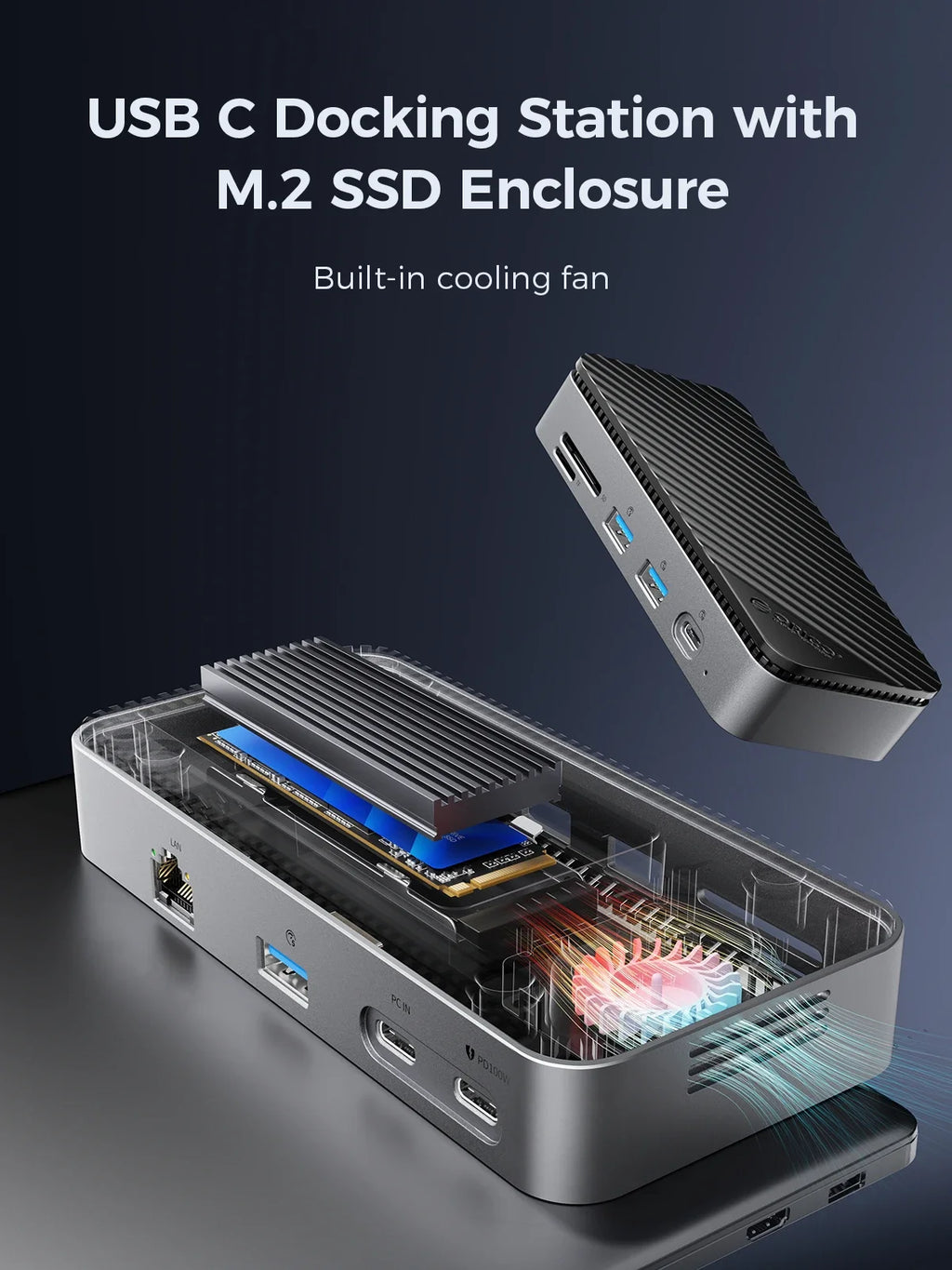ORICO M.2 NVMe SSD Enclosure with 9-in-1 USB C HUB 10Gbps External RJ45 SD Docking Station with Cooling Fan for Laptop MacBook