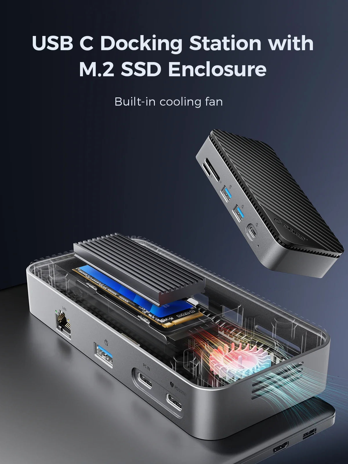ORICO M.2 NVMe SSD Enclosure with 9-in-1 USB C HUB 10Gbps External RJ45 SD Docking Station with Cooling Fan for Laptop MacBook