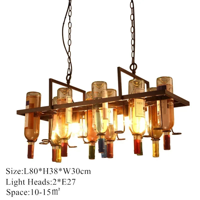 American Retro Industrial Rust Metal Colored Wine Bottle Glass Chandelier Coffee Shop Bar Restaurant LED Decorative Pendant Lamp