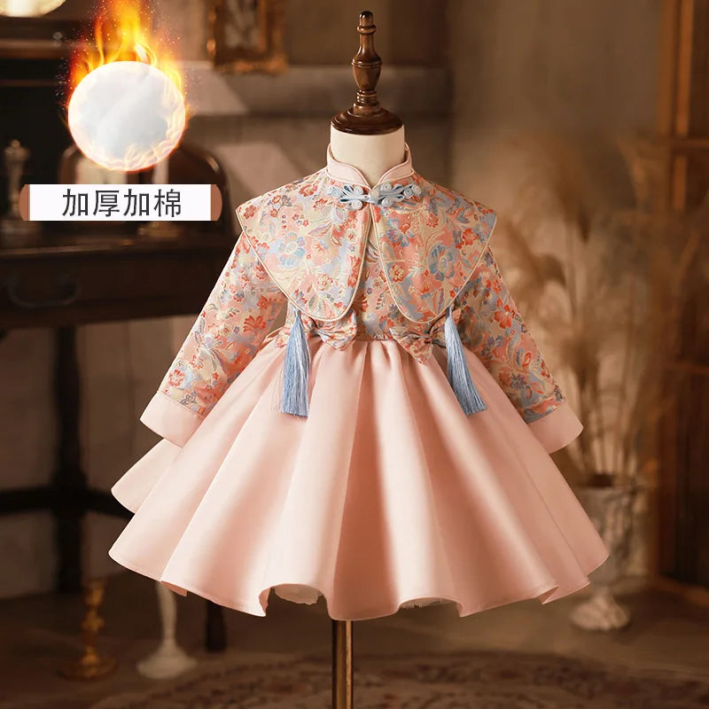 2024spring and autumn girls's new chinese style zhuzhou pink embroidery dress