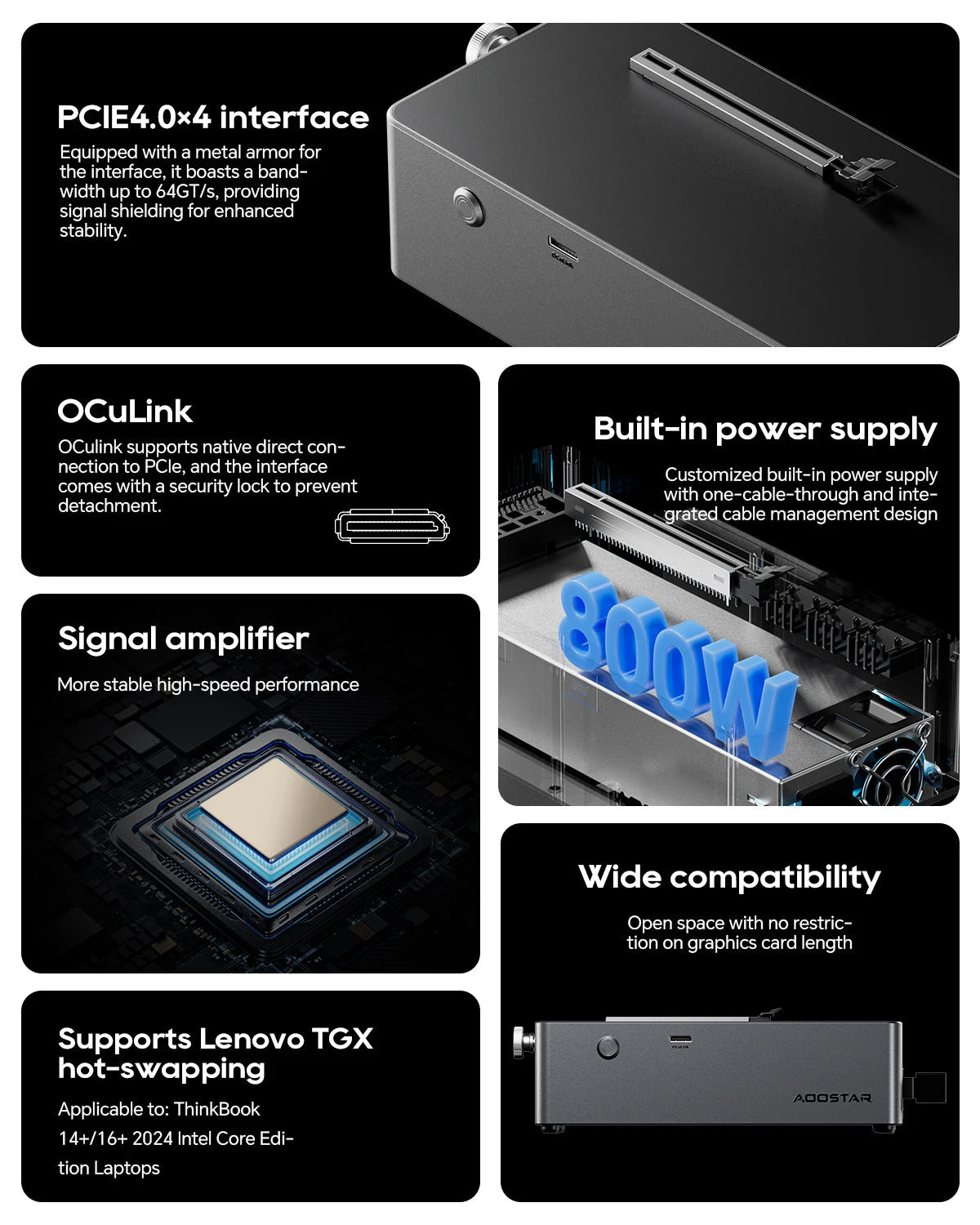 AOOSTAR AG01 External Graphics Card Dock with OCulink Port Built-in Huntkey 800W Power Supply for Gaming PC EGPU Docking Station