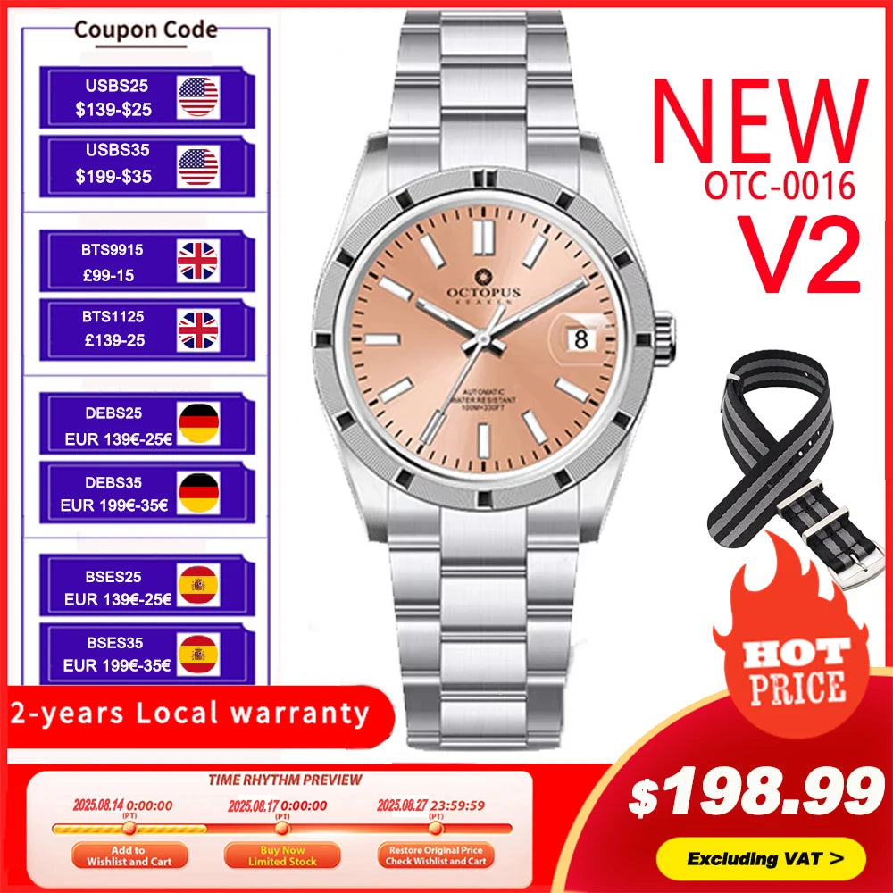 Octopus Kraken Automatic Mechanical Wristwatch 36mm Luxury PT5000 Movement Sapphire Crystal 10BAR Stainless steel Watch for men