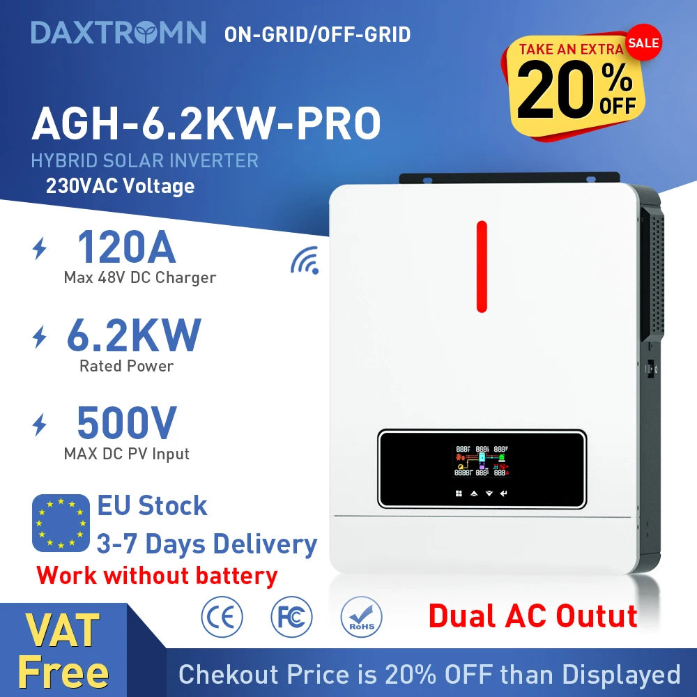 Daxtromn 3.6KW 6.2KW solar inverter 24VDC 48vDC hybrid mppt 6200W pure sine wave hybrid charge controller 120A off grid On Grid