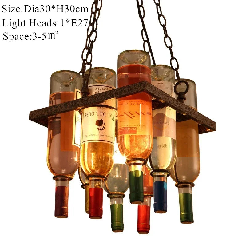 American Retro Industrial Rust Metal Colored Wine Bottle Glass Chandelier Coffee Shop Bar Restaurant LED Decorative Pendant Lamp