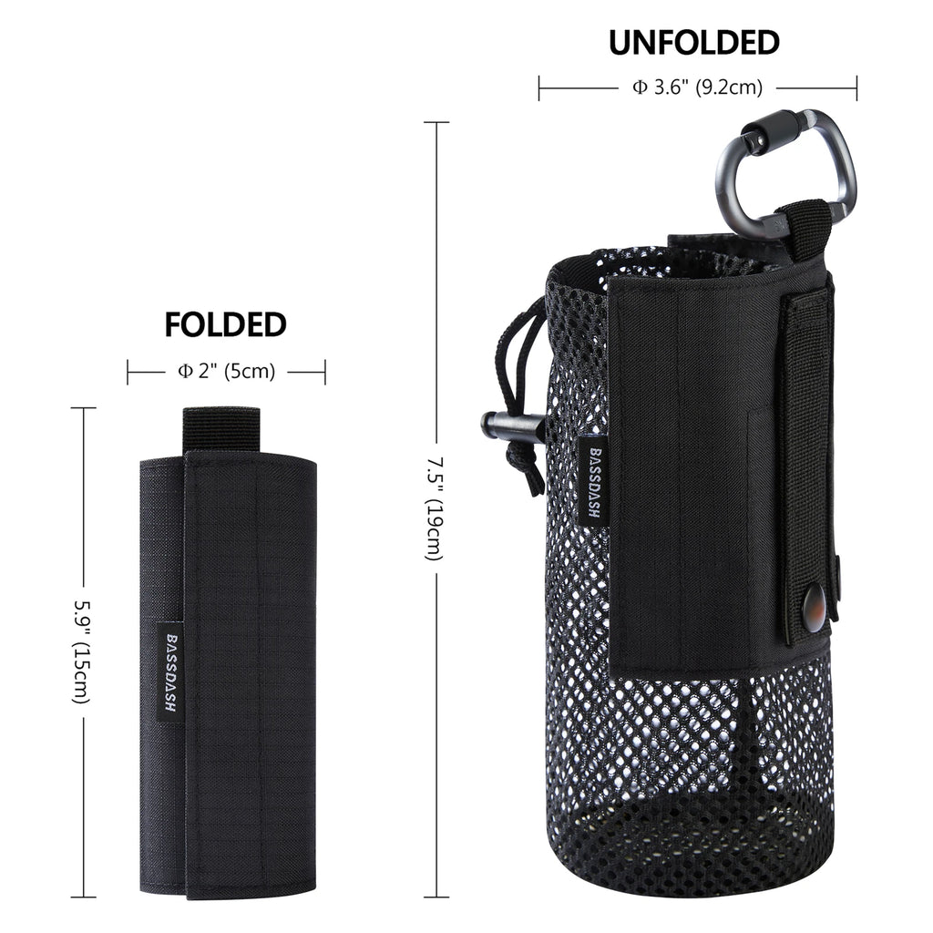 Bassdash Water Bottle Pouch with Molle Straps Belt Clip Carabiner Foldable Mesh Holder Bag for Travel Fishing Hunting Hiking