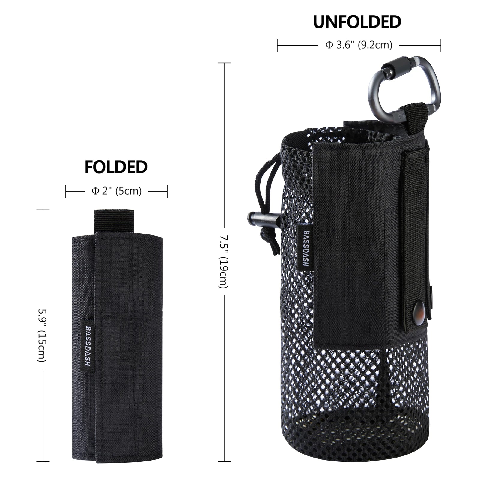 Bassdash Water Bottle Pouch with Molle Straps Belt Clip Carabiner Foldable Mesh Holder Bag for Travel Fishing Hunting Hiking