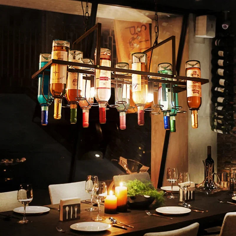 American Retro Industrial Rust Metal Colored Wine Bottle Glass Chandelier Coffee Shop Bar Restaurant LED Decorative Pendant Lamp